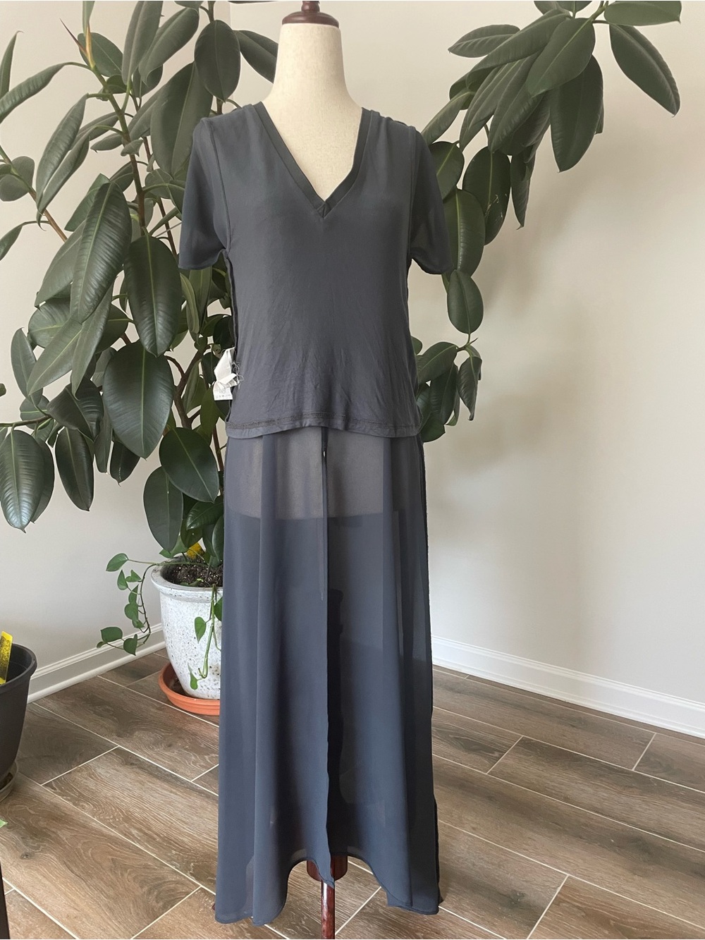 Zara Charcoal V-Neck Sheer Panel Maxi Dress
